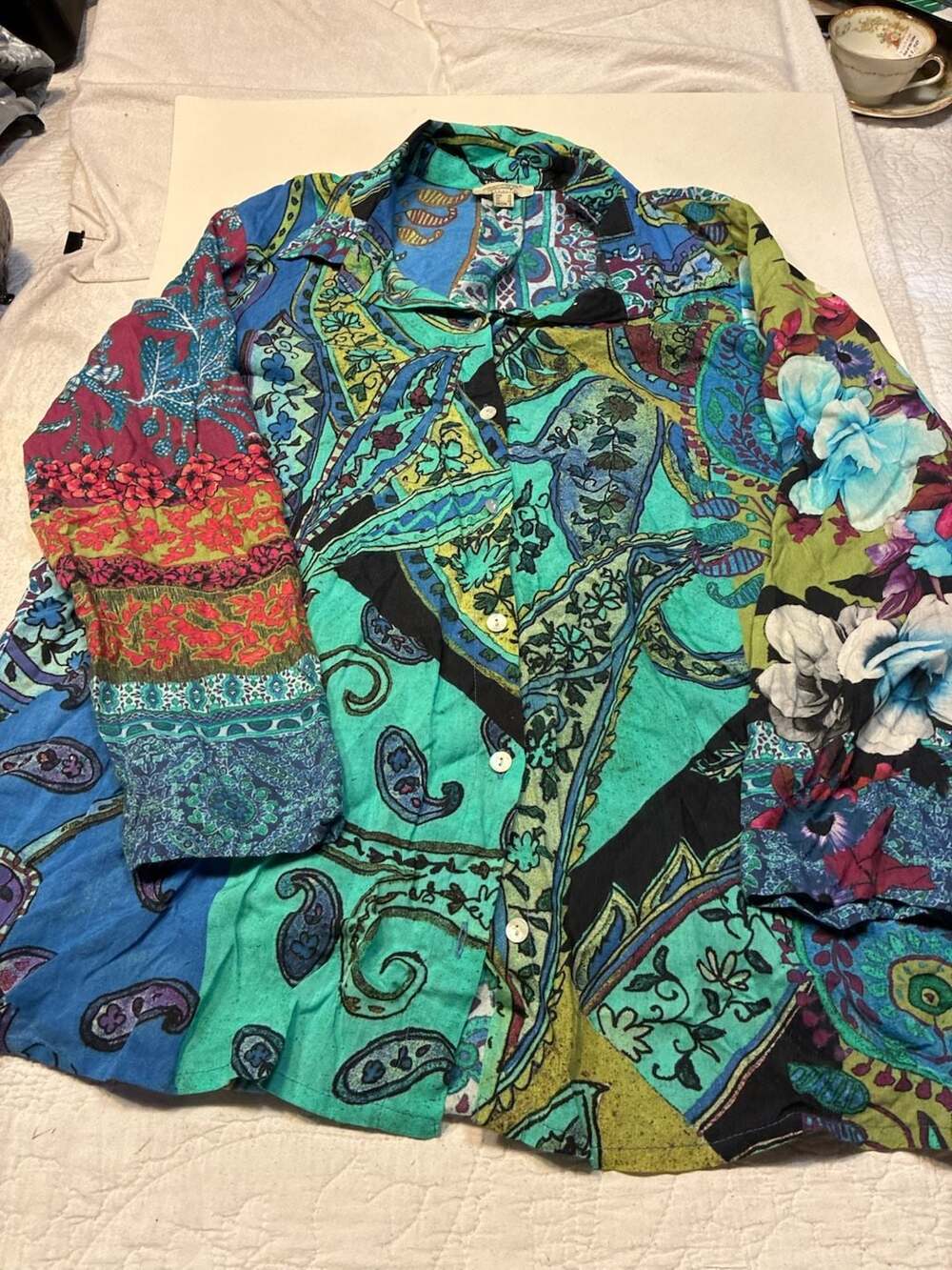Orientique Naturally Australian Multi-Color Patchwork Paisley Print Long Sleeve